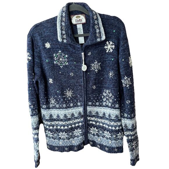 VTG Tiara International Holiday Snow Flake Beaded Sequin Sweater Sz L Zip Up - Picture 1 of 7